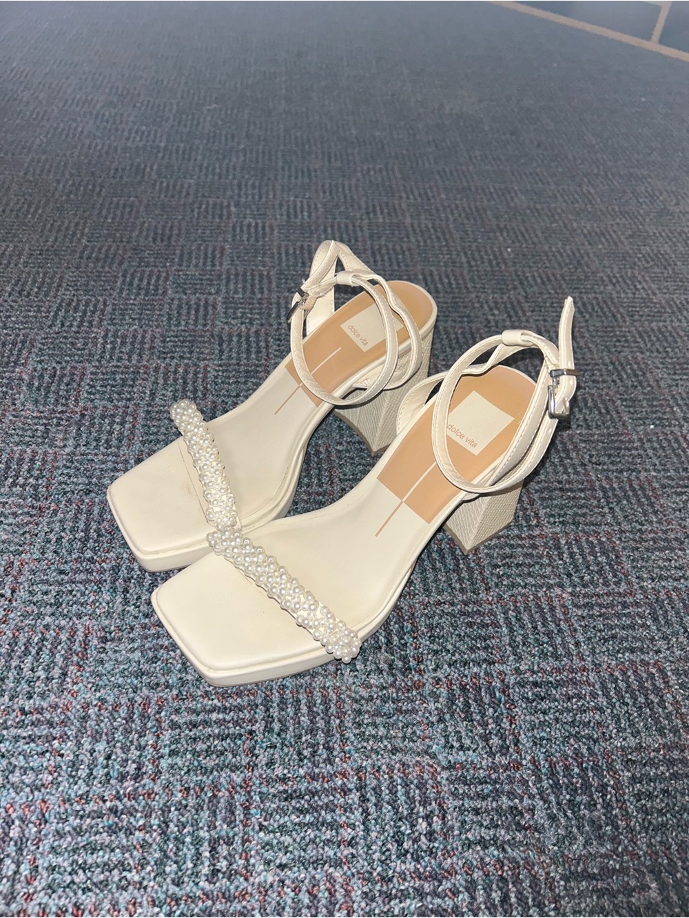 Dolce Vita White Pearl-Embellished Block Heel Sandals